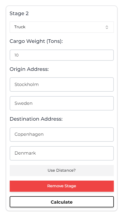 The right section of the Calculator page, after being populated with (example) data.