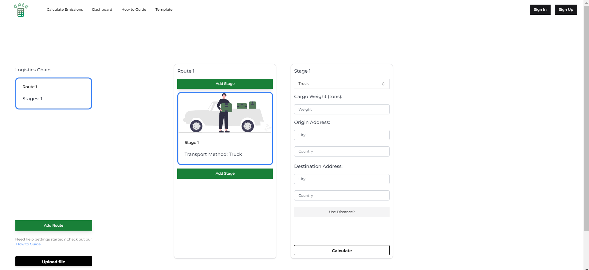 The main page when clicking the 'Calculate Emissions' tab in the navigation tab above.